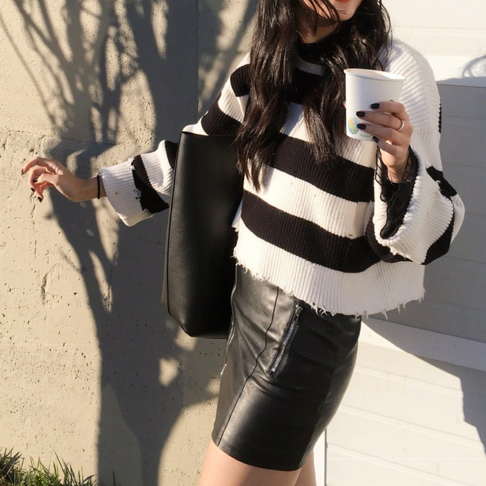 Zara Cream and Black Ribbed Knit Top